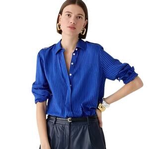 J. Crew Textured Drapey Button Up Shirt Size Large Blue Striped Blouse Top BY680